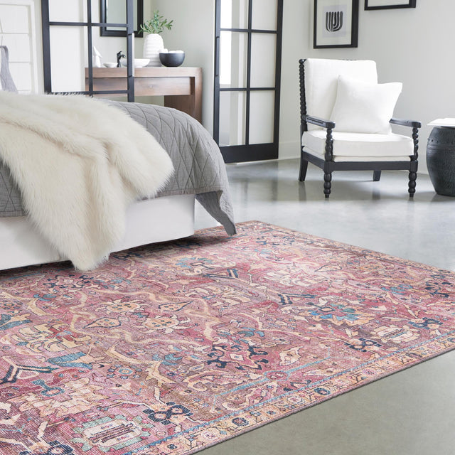 Washable Pink 5' 3 x 8' Nostalgia Rectangle Area Rug Easy to Clean Stain Resistant & Durable Polyester Chenille Vintage Distressed Carpet for Sale at Rug Engine