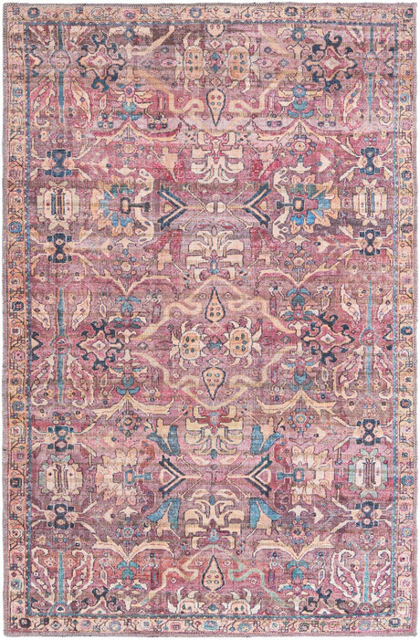Washable Pink 4' 1 x 6' 1 Nostalgia Rectangle Area Rug Easy to Clean Stain Resistant & Durable Polyester Chenille Vintage Distressed Carpet for Sale at Rug Engine