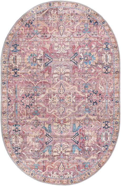 Washable Pink 4' 1 x 6' 1 Nostalgia Oval Area Rug Easy to Clean Stain Resistant & Durable Polyester Chenille Vintage Distressed Carpet for Sale at Rug Engine