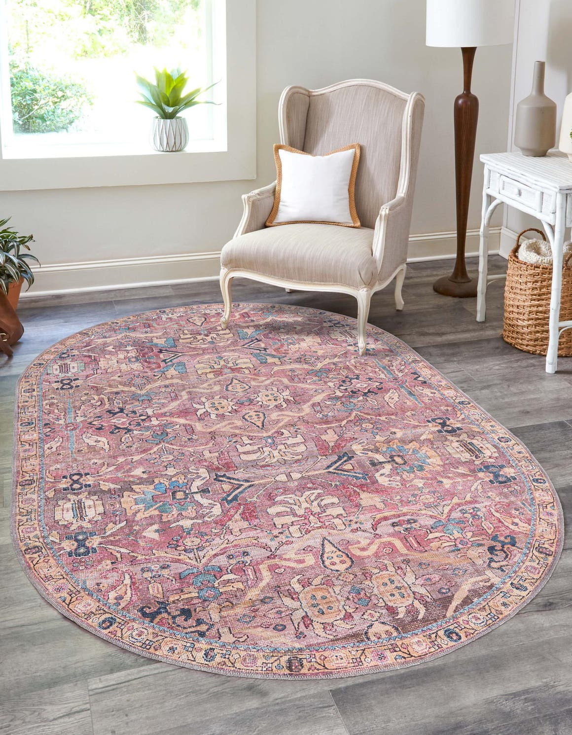 Washable Pink 4' 1 x 6' 1 Nostalgia Oval Area Rug Easy to Clean Stain Resistant & Durable Polyester Chenille Vintage Distressed Carpet for Sale at Rug Engine