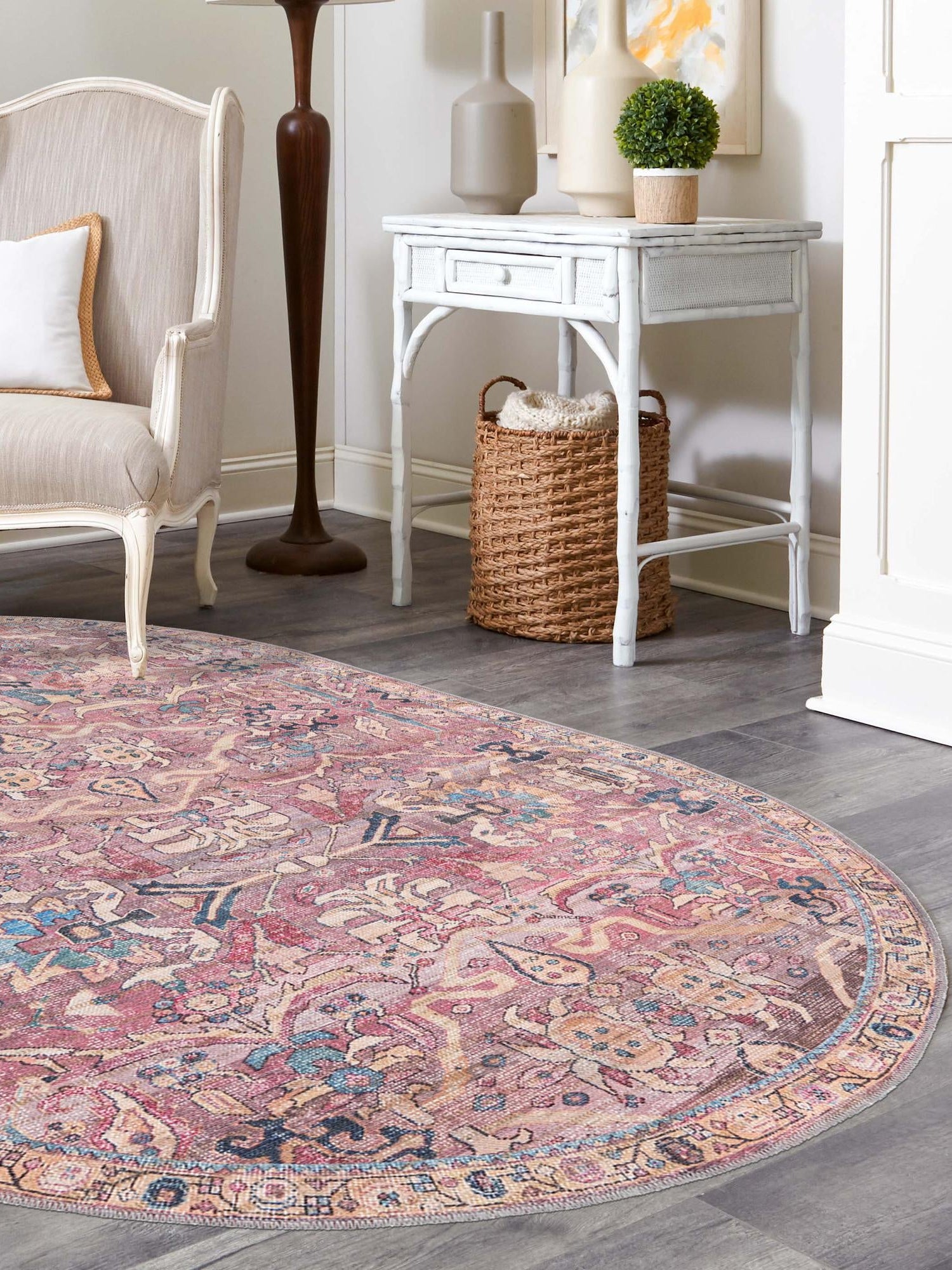 Washable Pink 5' 3 x 8' Nostalgia Oval Area Rug Easy to Clean Stain Resistant & Durable Polyester Chenille Vintage Distressed Carpet for Sale at Rug Engine