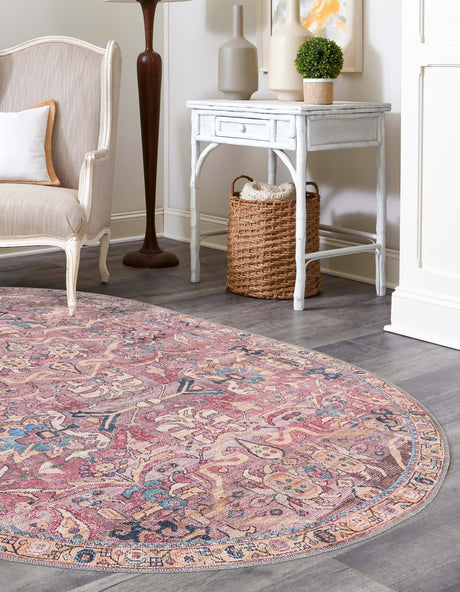 Washable Pink 5' 3 x 8' Nostalgia Oval Area Rug Easy to Clean Stain Resistant & Durable Polyester Chenille Vintage Distressed Carpet for Sale at Rug Engine