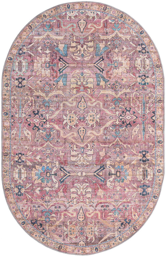 Washable Pink 5' 3 x 8' Nostalgia Oval Area Rug Easy to Clean Stain Resistant & Durable Polyester Chenille Vintage Distressed Carpet for Sale at Rug Engine