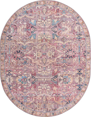 Washable Pink 7' 10 x 10' Nostalgia Oval Area Rug Easy to Clean Stain Resistant & Durable Polyester Chenille Vintage Distressed Carpet for Sale at Rug Engine