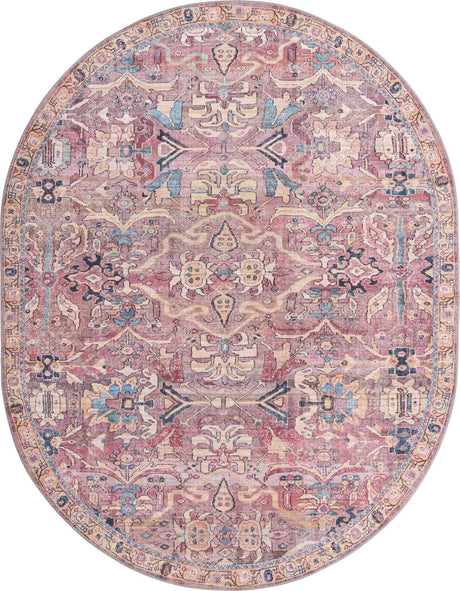 Washable Pink 7' 10 x 10' Nostalgia Oval Area Rug Easy to Clean Stain Resistant & Durable Polyester Chenille Vintage Distressed Carpet for Sale at Rug Engine