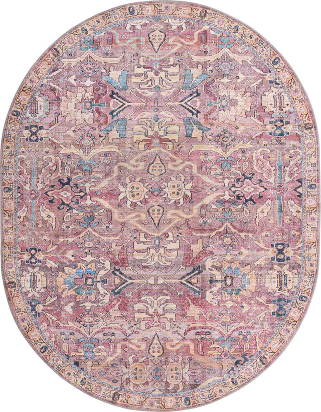 Washable Pink 7' 10 x 10' Nostalgia Oval Area Rug Easy to Clean Stain Resistant & Durable Polyester Chenille Vintage Distressed Carpet for Sale at Rug Engine