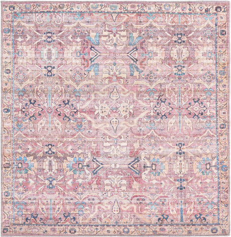 Washable Pink 5' 3 x 5' 3 Nostalgia Square Area Rug Easy to Clean Stain Resistant & Durable Polyester Chenille Vintage Distressed Carpet for Sale at Rug Engine