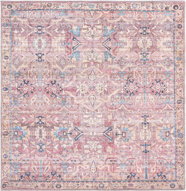 Washable Pink 5' 3 x 5' 3 Nostalgia Square Area Rug Easy to Clean Stain Resistant & Durable Polyester Chenille Vintage Distressed Carpet for Sale at Rug Engine