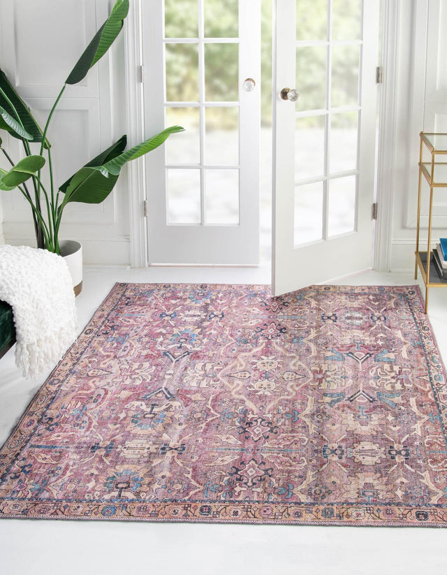 Washable Pink 5' 3 x 5' 3 Nostalgia Square Area Rug Easy to Clean Stain Resistant & Durable Polyester Chenille Vintage Distressed Carpet for Sale at Rug Engine