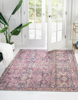 Washable Pink 7' 3 x 7' 3 Nostalgia Square Area Rug Easy to Clean Stain Resistant & Durable Polyester Chenille Vintage Distressed Carpet for Sale at Rug Engine
