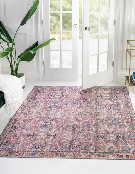 Washable Pink 7' 3 x 7' 3 Nostalgia Square Area Rug Easy to Clean Stain Resistant & Durable Polyester Chenille Vintage Distressed Carpet for Sale at Rug Engine