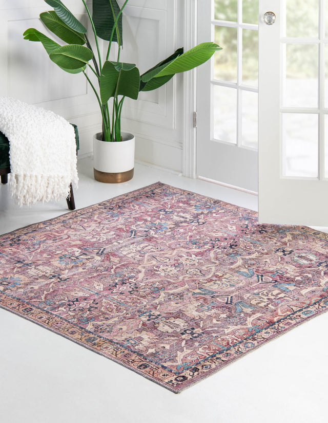 Washable Pink 7' 10 x 7' 10 Nostalgia Square Area Rug Easy to Clean Stain Resistant & Durable Polyester Chenille Vintage Distressed Carpet for Sale at Rug Engine