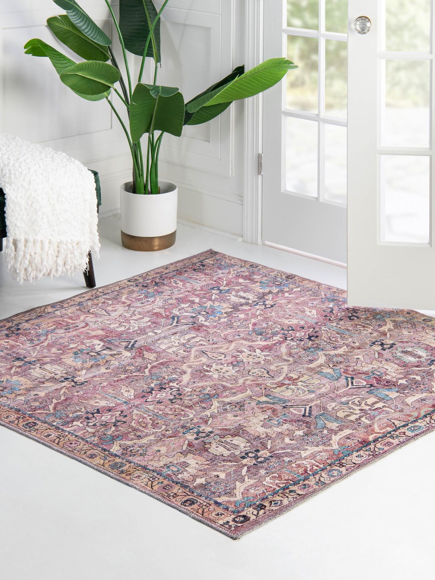 Washable Pink 7' 3 x 7' 3 Nostalgia Square Area Rug Easy to Clean Stain Resistant & Durable Polyester Chenille Vintage Distressed Carpet for Sale at Rug Engine