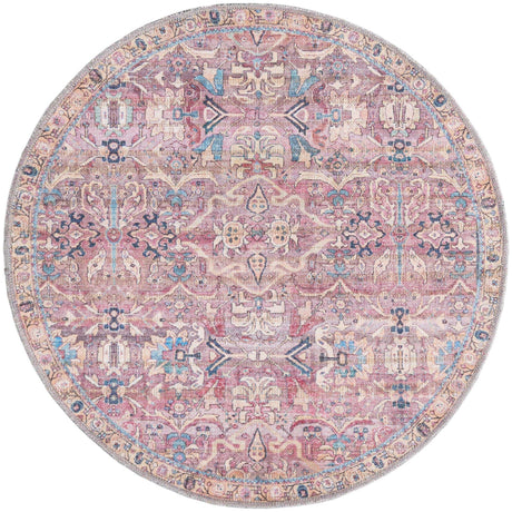 Washable Pink 3' 3 x 3' 3 Nostalgia Round Area Rug Easy to Clean Stain Resistant & Durable Polyester Chenille Vintage Distressed Carpet for Sale at Rug Engine