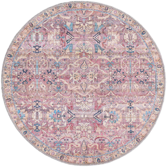Washable Pink 3' 3 x 3' 3 Nostalgia Round Area Rug Easy to Clean Stain Resistant & Durable Polyester Chenille Vintage Distressed Carpet for Sale at Rug Engine