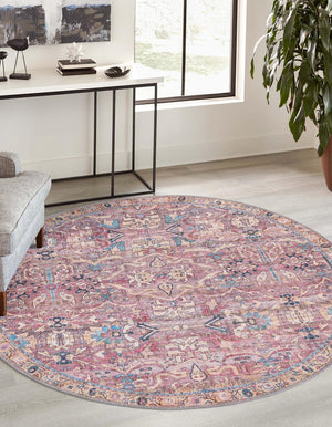 Washable Pink 3' 3 x 3' 3 Nostalgia Round Area Rug Easy to Clean Stain Resistant & Durable Polyester Chenille Vintage Distressed Carpet for Sale at Rug Engine