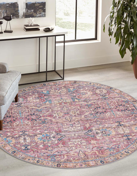 Washable Pink 3' 3 x 3' 3 Nostalgia Round Area Rug Easy to Clean Stain Resistant & Durable Polyester Chenille Vintage Distressed Carpet for Sale at Rug Engine