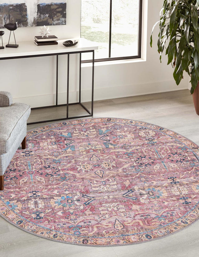 Washable Pink 3' 3 x 3' 3 Nostalgia Round Area Rug Easy to Clean Stain Resistant & Durable Polyester Chenille Vintage Distressed Carpet for Sale at Rug Engine