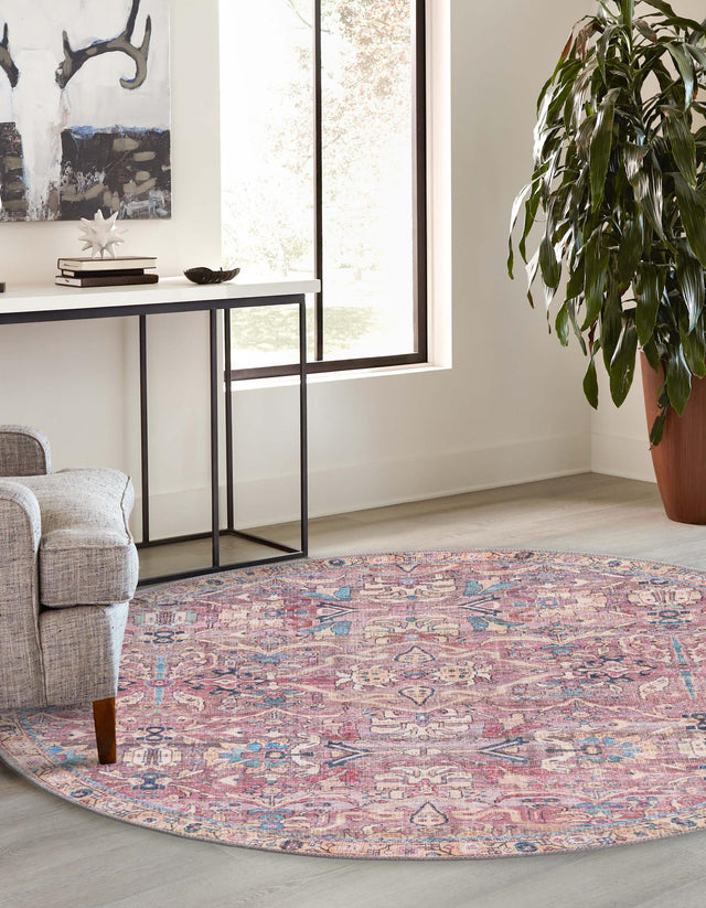 Washable Pink 3' 3 x 3' 3 Nostalgia Round Area Rug Easy to Clean Stain Resistant & Durable Polyester Chenille Vintage Distressed Carpet for Sale at Rug Engine