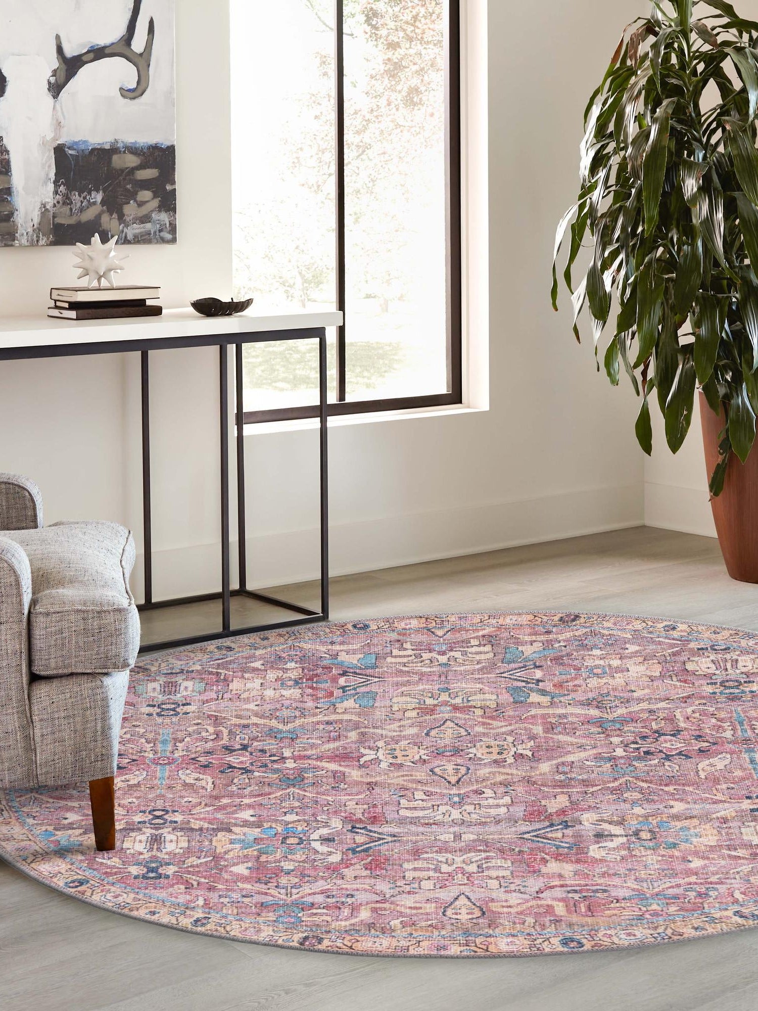 Washable Pink 7' 10 x 7' 10 Nostalgia Round Area Rug Easy to Clean Stain Resistant & Durable Polyester Chenille Vintage Distressed Carpet for Sale at Rug Engine