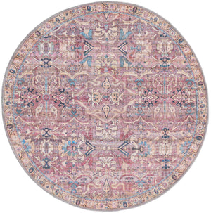 Washable Pink 4' 1 x 4' 1 Nostalgia Round Area Rug Easy to Clean Stain Resistant & Durable Polyester Chenille Vintage Distressed Carpet for Sale at Rug Engine
