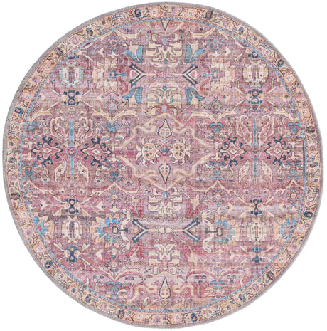 Washable Pink 4' 1 x 4' 1 Nostalgia Round Area Rug Easy to Clean Stain Resistant & Durable Polyester Chenille Vintage Distressed Carpet for Sale at Rug Engine
