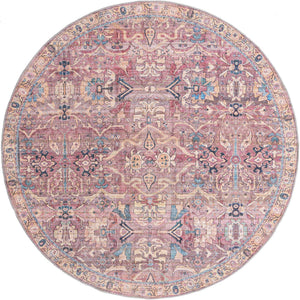 Washable Pink 7' 10 x 7' 10 Nostalgia Round Area Rug Easy to Clean Stain Resistant & Durable Polyester Chenille Vintage Distressed Carpet for Sale at Rug Engine