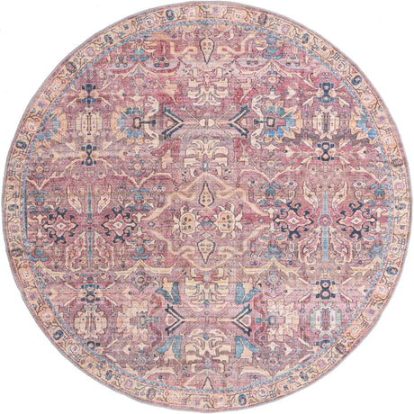 Washable Pink 7' 10 x 7' 10 Nostalgia Round Area Rug Easy to Clean Stain Resistant & Durable Polyester Chenille Vintage Distressed Carpet for Sale at Rug Engine