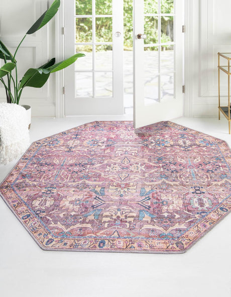 Washable Pink 7' 10 x 7' 10 Nostalgia Octagon Area Rug Easy to Clean Stain Resistant & Durable Polyester Chenille Vintage Distressed Carpet for Sale at Rug Engine