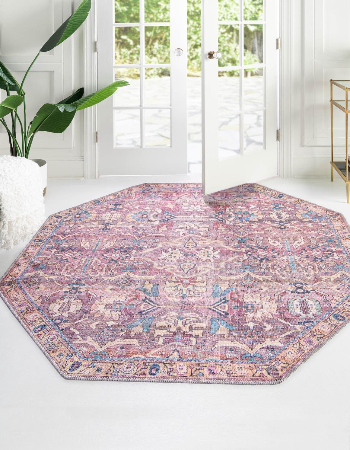 Washable Pink 5' 3 x 5' 3 Nostalgia Octagon Area Rug Easy to Clean Stain Resistant & Durable Polyester Chenille Vintage Distressed Carpet for Sale at Rug Engine