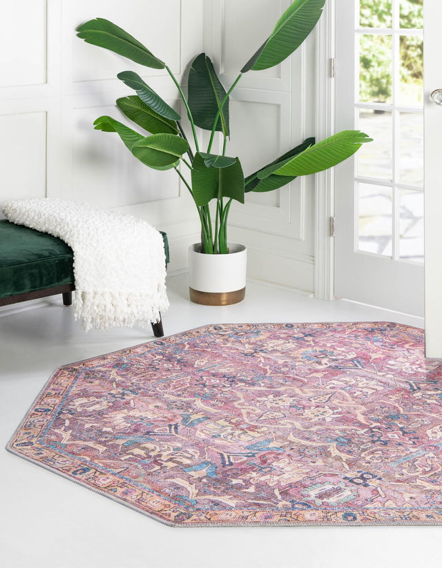 Washable Pink 5' 3 x 5' 3 Nostalgia Octagon Area Rug Easy to Clean Stain Resistant & Durable Polyester Chenille Vintage Distressed Carpet for Sale at Rug Engine