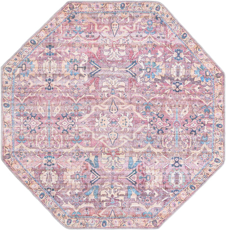 Washable Pink 5' 3 x 5' 3 Nostalgia Octagon Area Rug Easy to Clean Stain Resistant & Durable Polyester Chenille Vintage Distressed Carpet for Sale at Rug Engine