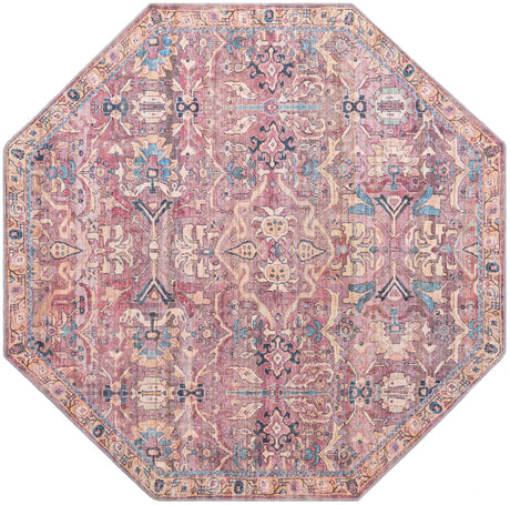 Washable Pink 7' 10 x 7' 10 Nostalgia Octagon Area Rug Easy to Clean Stain Resistant & Durable Polyester Chenille Vintage Distressed Carpet for Sale at Rug Engine