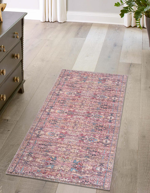 Washable Pink 2' x 10' Nostalgia Runner Area Rug Easy to Clean Stain Resistant & Durable Polyester Chenille Vintage Distressed Carpet for Sale at Rug Engine