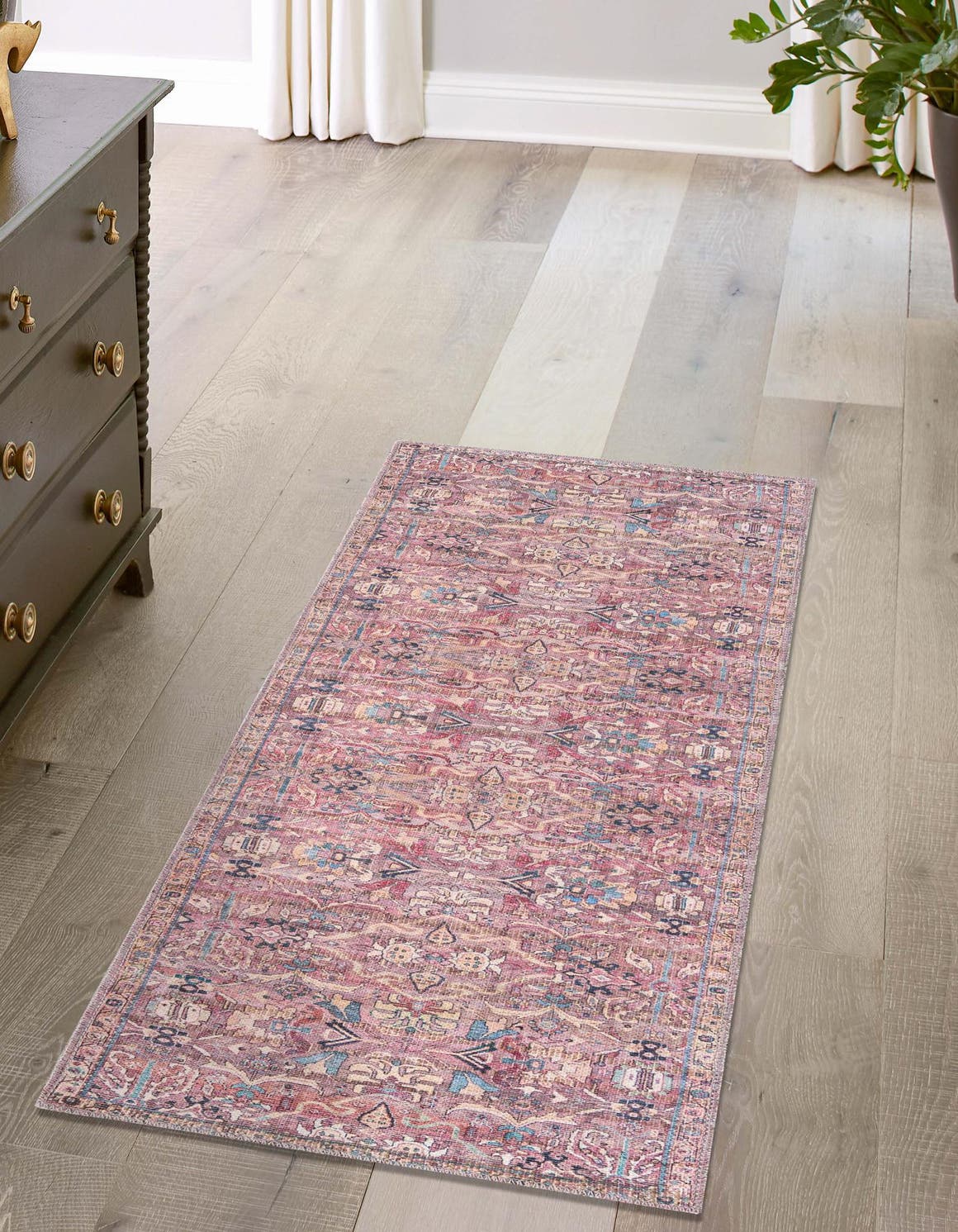 Washable Pink 2' x 5' 1 Nostalgia Runner Area Rug Easy to Clean Stain Resistant & Durable Polyester Chenille Vintage Distressed Carpet for Sale at Rug Engine