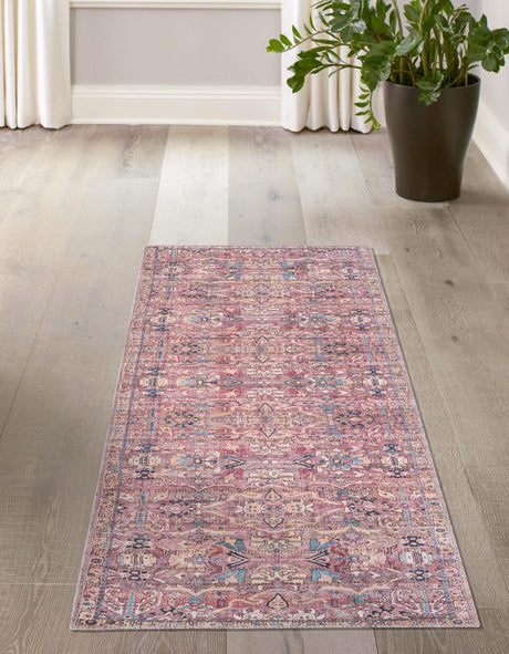 Washable Pink 2' x 8' Nostalgia Runner Area Rug Easy to Clean Stain Resistant & Durable Polyester Chenille Vintage Distressed Carpet for Sale at Rug Engine