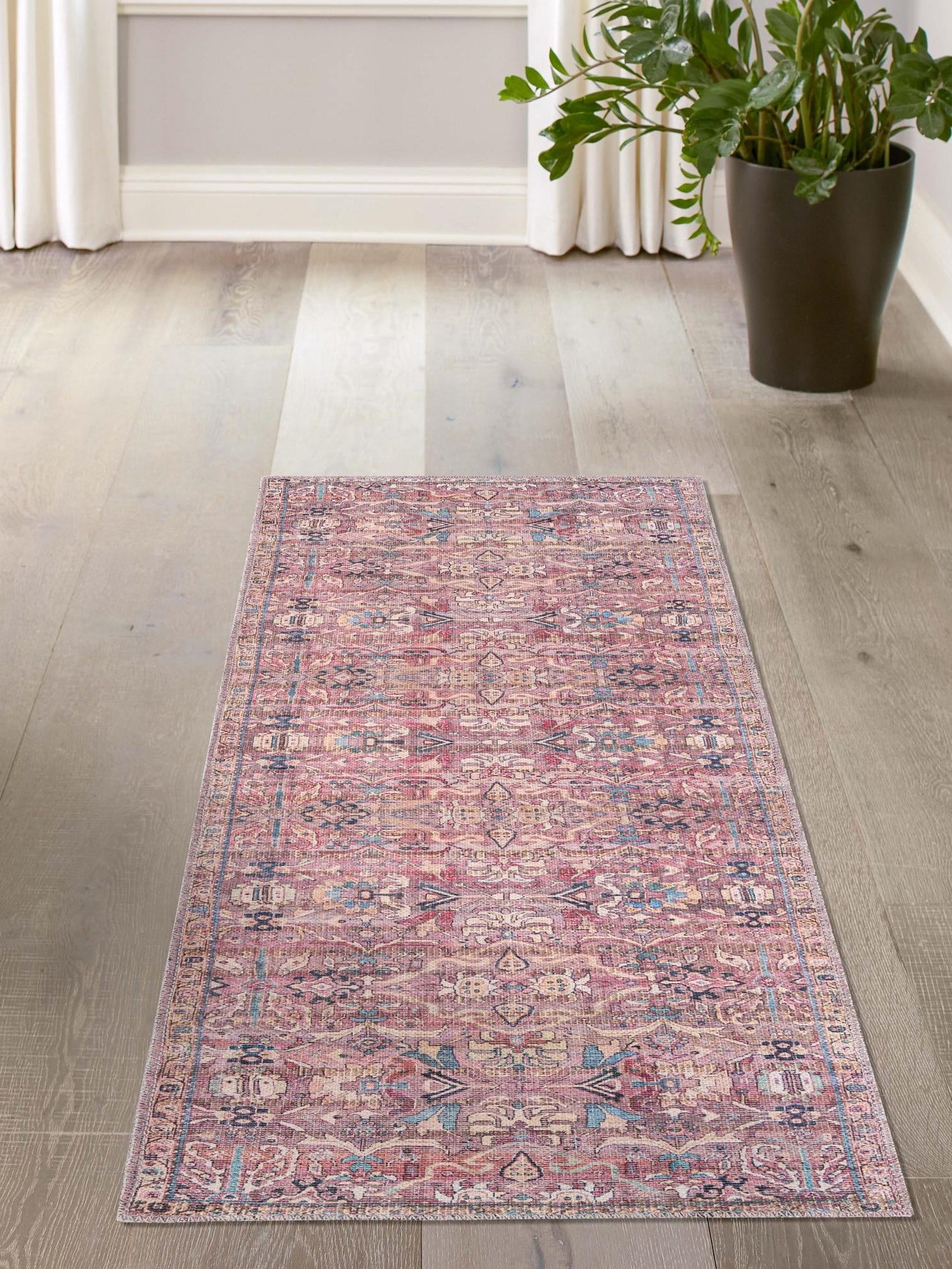 Washable Pink 2' 7 x 12' Nostalgia Runner Area Rug Easy to Clean Stain Resistant & Durable Polyester Chenille Vintage Distressed Carpet for Sale at Rug Engine