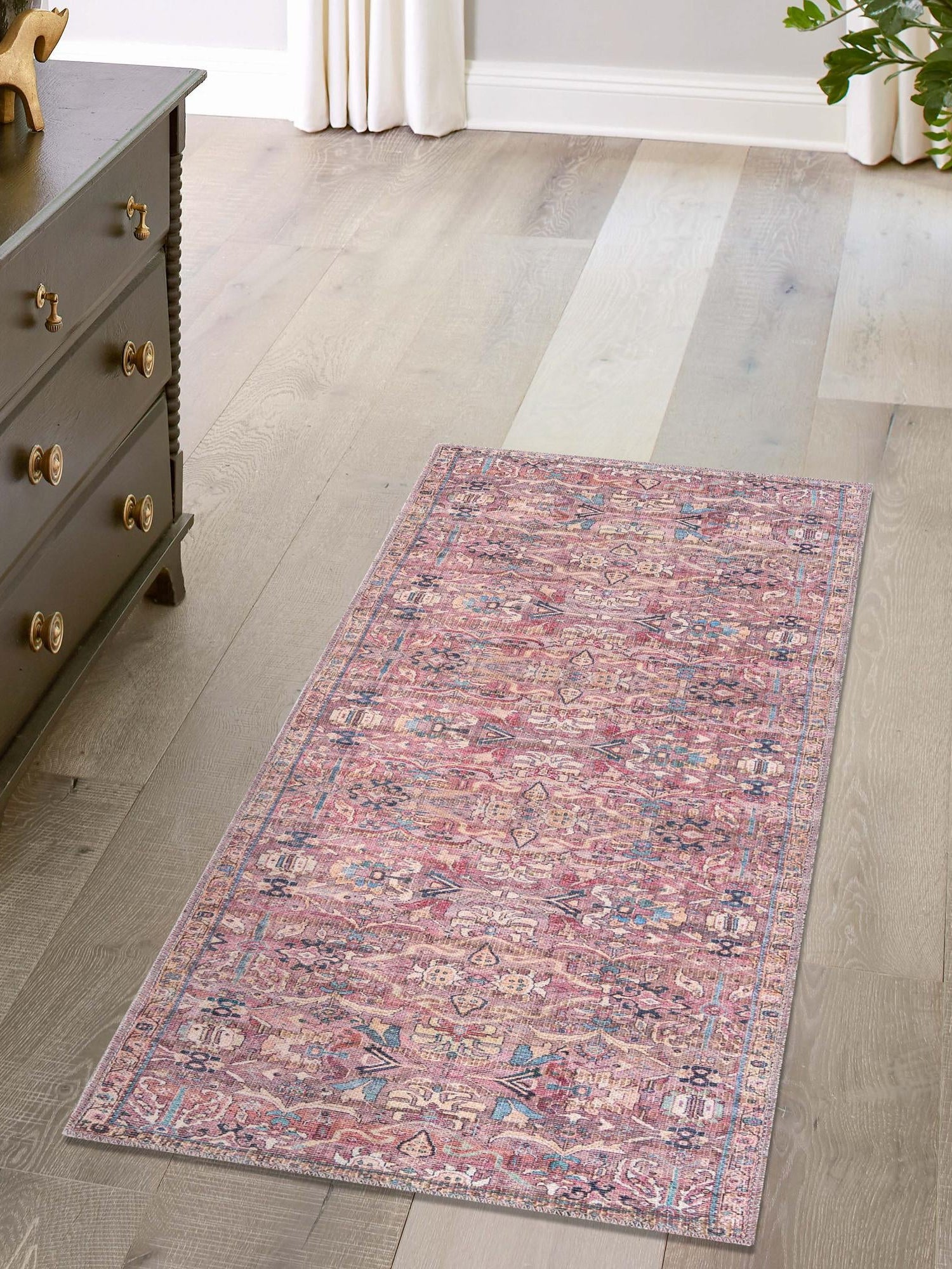 Washable Pink 2' 7 x 14' 1 Nostalgia Runner Area Rug Easy to Clean Stain Resistant & Durable Polyester Chenille Vintage Distressed Carpet for Sale at Rug Engine