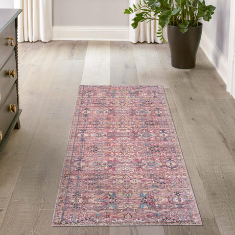 Washable Pink 2' x 8' Nostalgia Runner Area Rug Easy to Clean Stain Resistant & Durable Polyester Chenille Vintage Distressed Carpet for Sale at Rug Engine