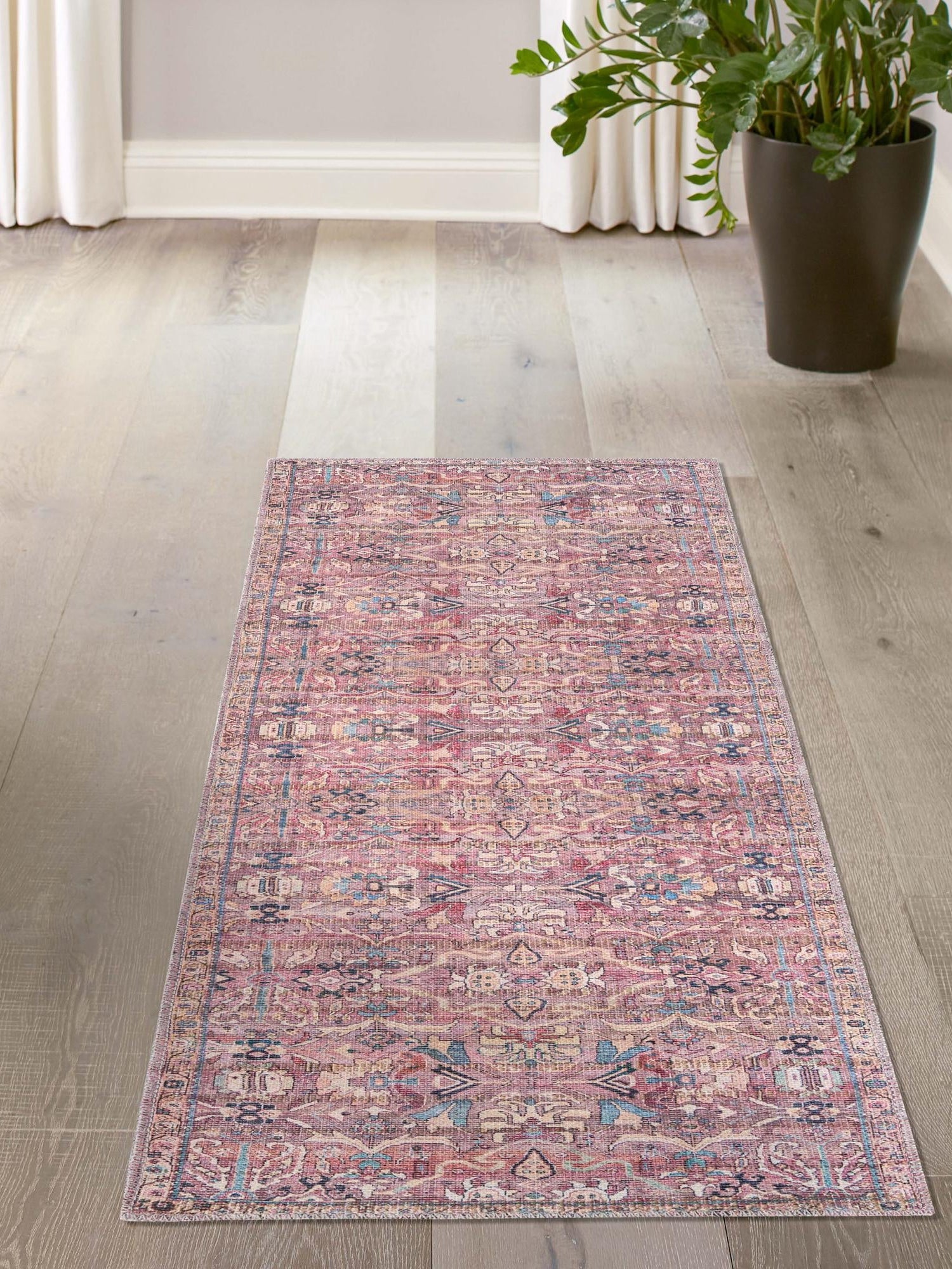 Washable Pink 2' x 6' 1 Nostalgia Runner Area Rug Easy to Clean Stain Resistant & Durable Polyester Chenille Vintage Distressed Carpet for Sale at Rug Engine