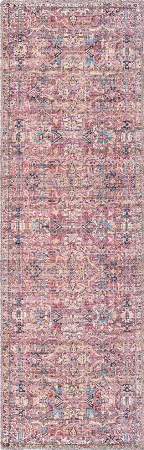 Washable Pink 2' x 6' 1 Nostalgia Runner Area Rug Easy to Clean Stain Resistant & Durable Polyester Chenille Vintage Distressed Carpet for Sale at Rug Engine