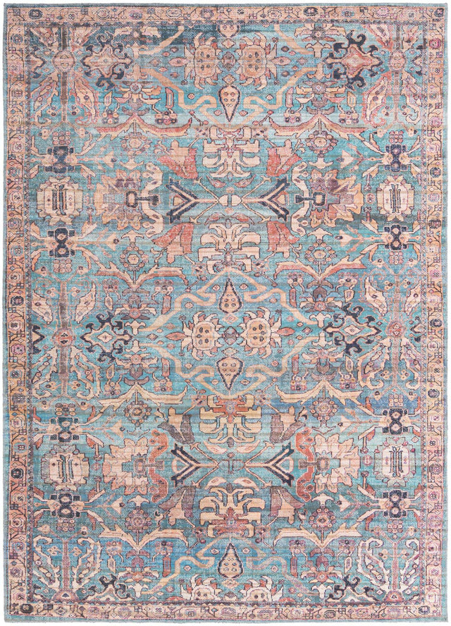 Washable Blue 7' 3 x 10' Nostalgia Rectangle Area Rug Easy to Clean Stain Resistant & Durable Polyester Chenille Vintage Distressed Carpet for Sale at Rug Engine
