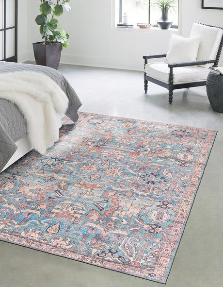Washable Blue 9' 2 x 12' Nostalgia Rectangle Area Rug Easy to Clean Stain Resistant & Durable Polyester Chenille Vintage Distressed Carpet for Sale at Rug Engine