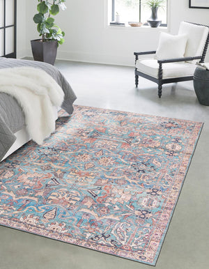 Washable Blue 10' 6 x 13' 1 Nostalgia Rectangle Area Rug Easy to Clean Stain Resistant & Durable Polyester Chenille Vintage Distressed Carpet for Sale at Rug Engine