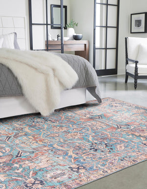 Washable Blue 4' 1 x 6' 1 Nostalgia Rectangle Area Rug Easy to Clean Stain Resistant & Durable Polyester Chenille Vintage Distressed Carpet for Sale at Rug Engine