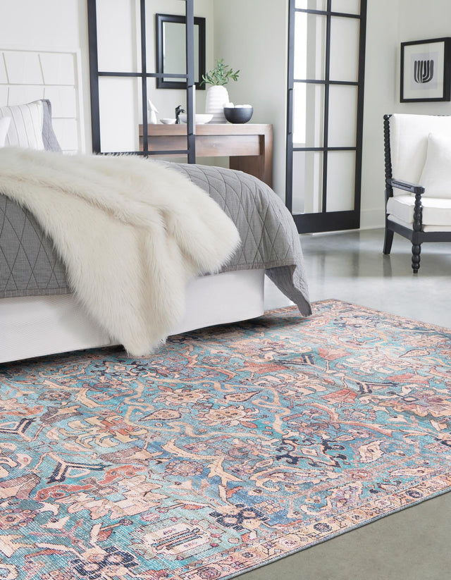 Washable Blue 2' x 3' 1 Nostalgia Rectangle Area Rug Easy to Clean Stain Resistant & Durable Polyester Chenille Vintage Distressed Carpet for Sale at Rug Engine