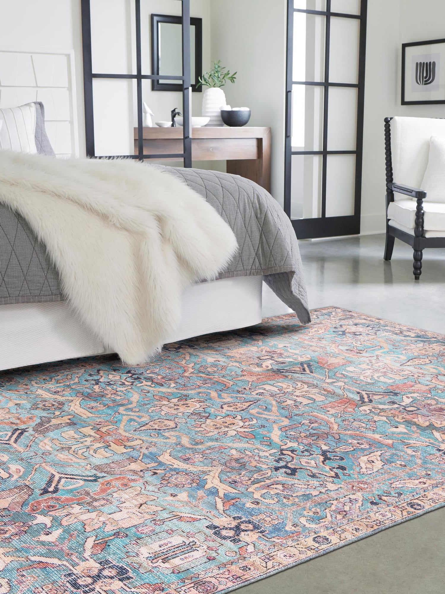 Washable Blue 6' 1 x 9' Nostalgia Rectangle Area Rug Easy to Clean Stain Resistant & Durable Polyester Chenille Vintage Distressed Carpet for Sale at Rug Engine