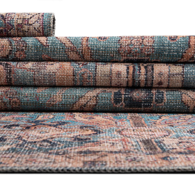 Washable Blue 7' 10 x 10' Nostalgia Rectangle Area Rug Easy to Clean Stain Resistant & Durable Polyester Chenille Vintage Distressed Carpet for Sale at Rug Engine