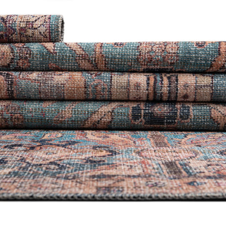 Washable Blue 6' 1 x 9' Nostalgia Rectangle Area Rug Easy to Clean Stain Resistant & Durable Polyester Chenille Vintage Distressed Carpet for Sale at Rug Engine
