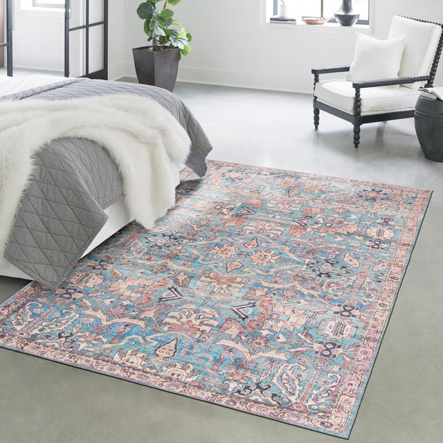 Washable Blue 7' 10 x 10' Nostalgia Rectangle Area Rug Easy to Clean Stain Resistant & Durable Polyester Chenille Vintage Distressed Carpet for Sale at Rug Engine